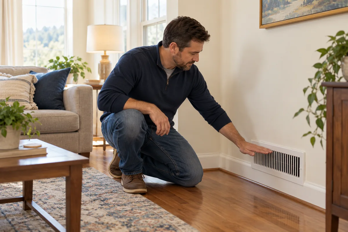 Homeowner checking airflow beside a central heating floor register