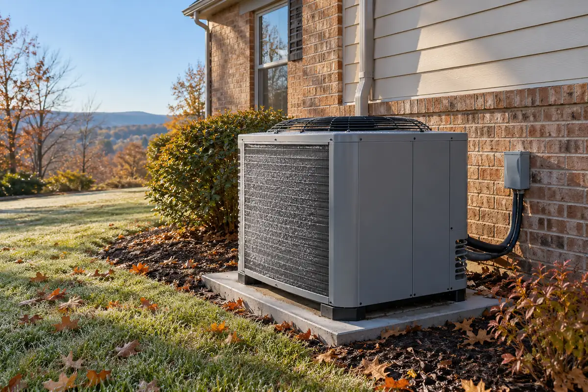Light frost visible on the coil of an outdoor central heat-pump unit