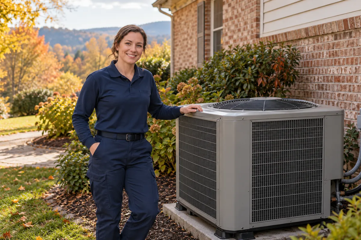 Illustrative heating technician beside a central heat-pump outdoor unit at a detached home