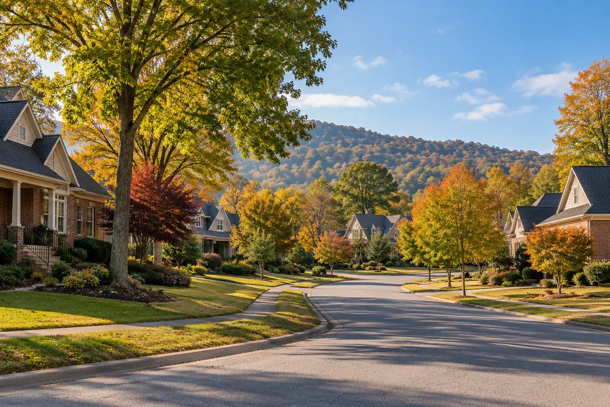 Illustrative brick and siding homes along a leafy Southeast Tennessee residential street