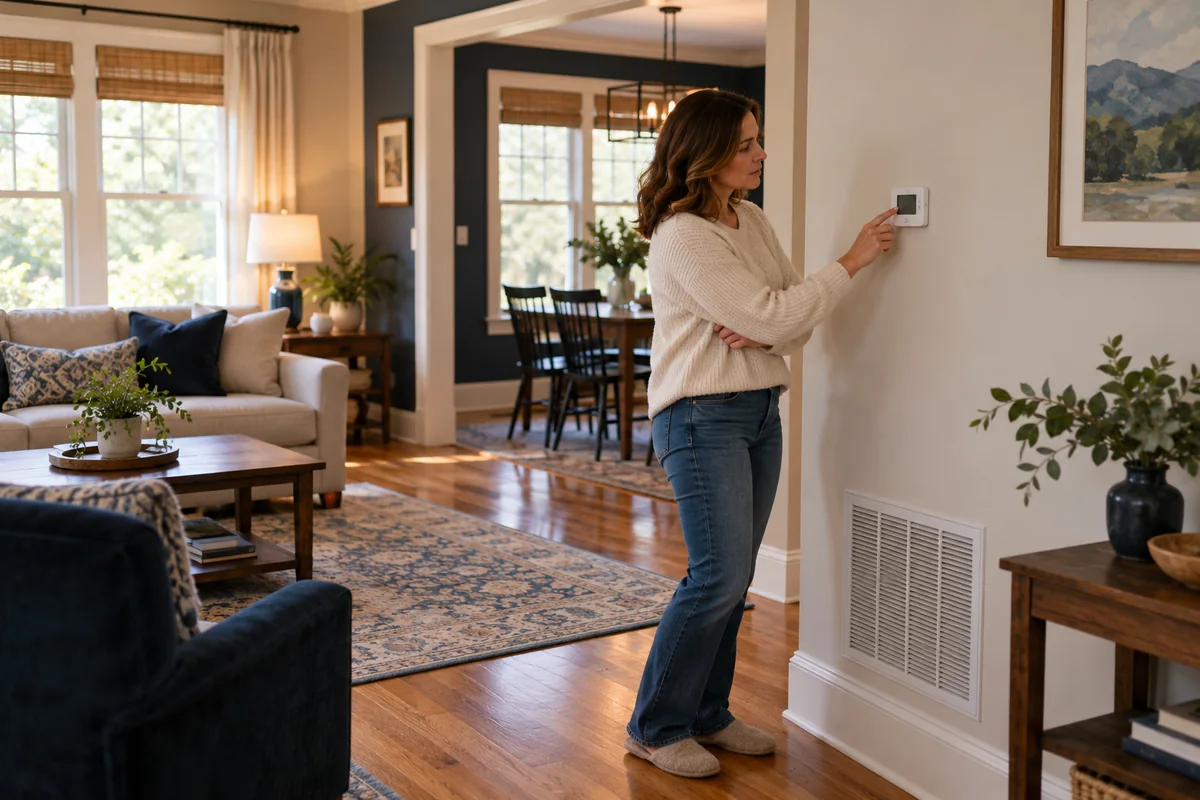 Homeowner looking at a wall thermostat while the home is not warming
