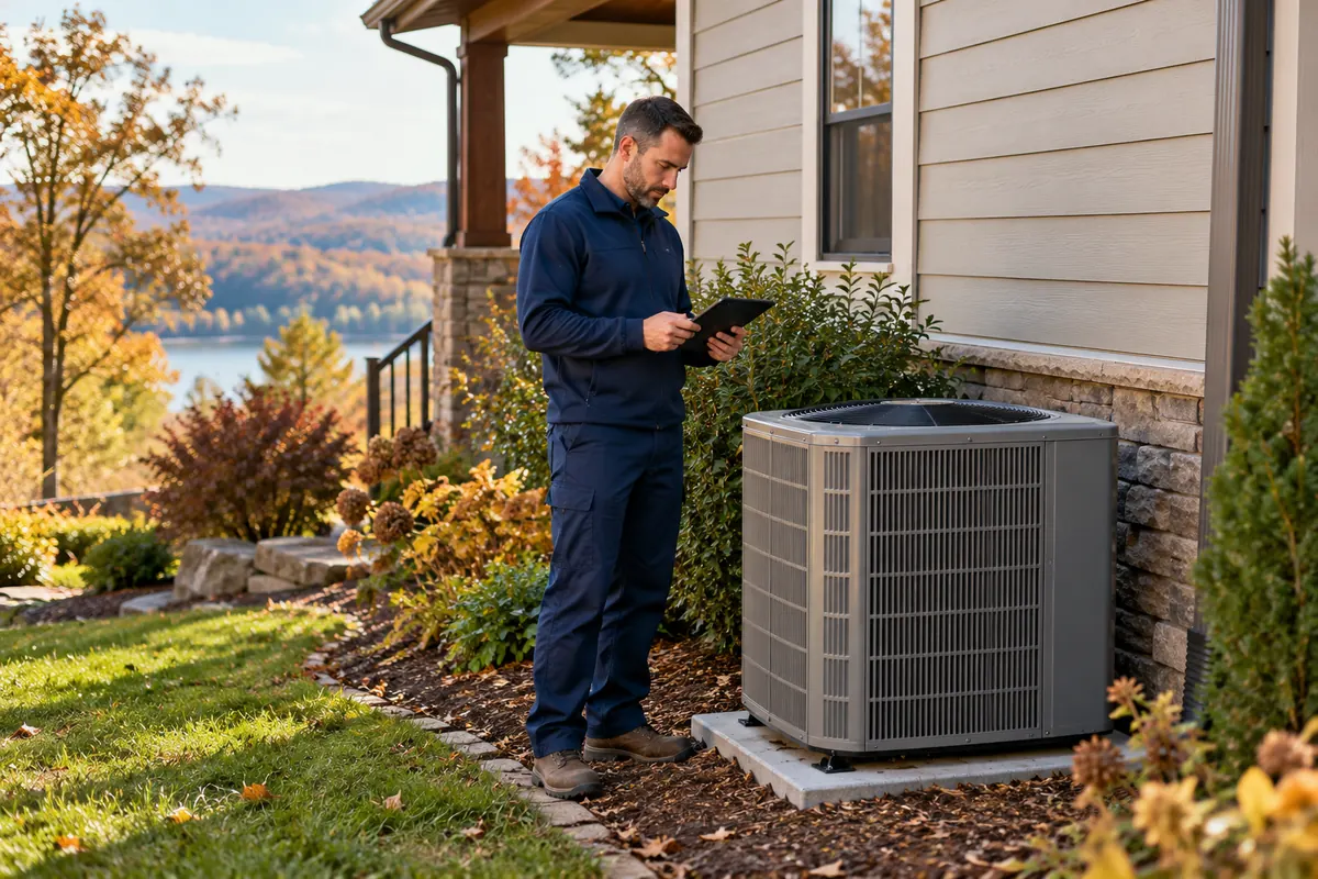 Illustrative technician observing a closed outdoor heat pump while holding a tablet